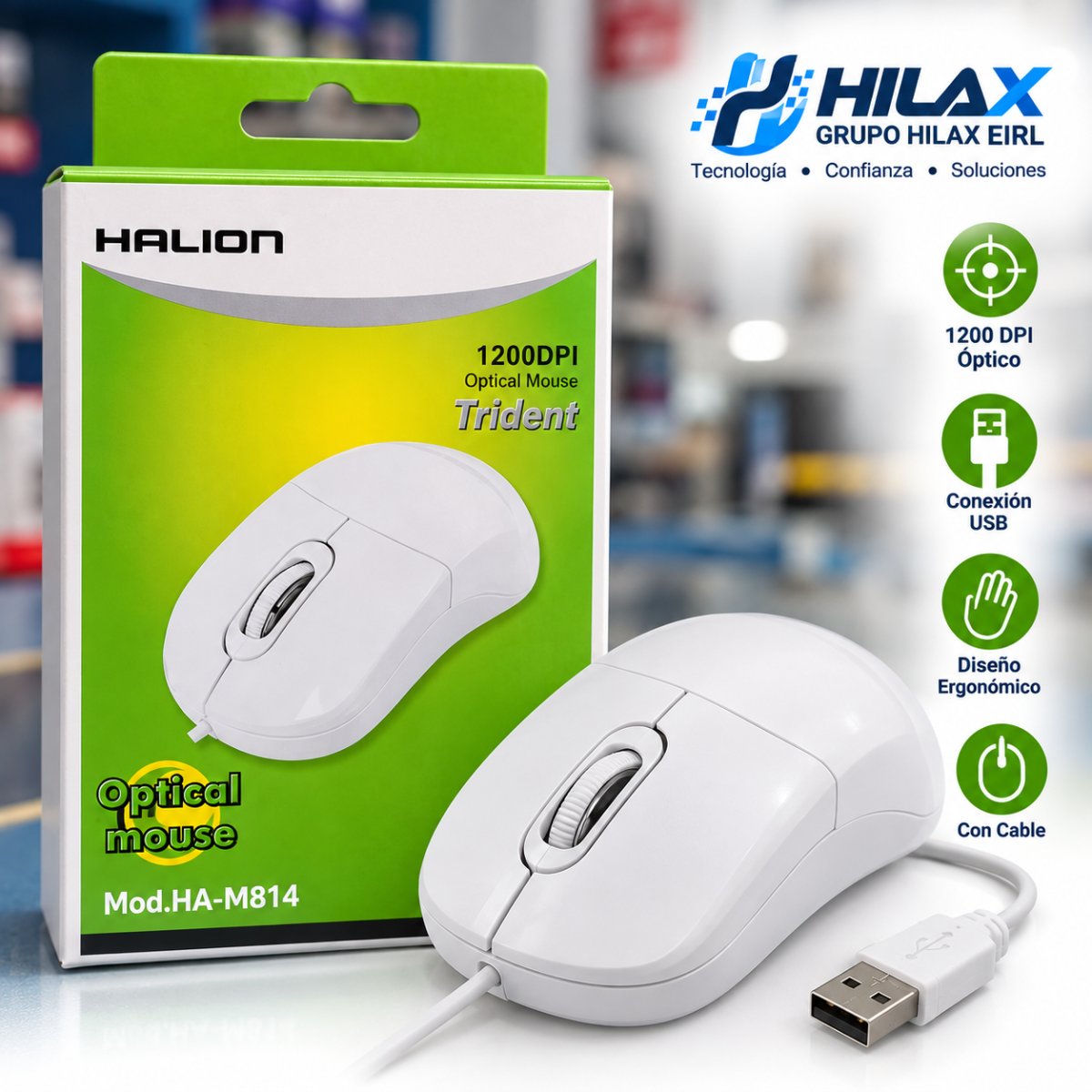 MOUSE HALION HA-M814 TRIDENT USB BLANCO