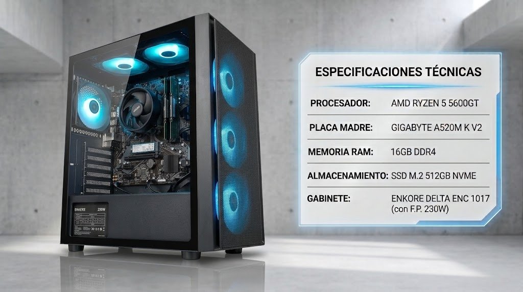 CPU - PROCESADOR AMD RYZEN 5 5600GT, PLACA GIGABYTE A520M K V2, MEMORIA RAM 16GB DDR4 , SSD M.2 512GB NVME, CASE ENKORE DELTA ENC 1017 GABINETE 230W.